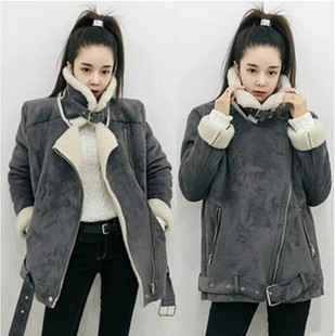 韩国代购2015冬季新款韩皮毛一体羊羔毛外套 鹿皮绒机车棉衣女