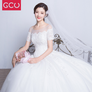 GCU2016春夏季新款婚纱礼服韩式一字肩齐地新娘结婚长袖双肩婚纱