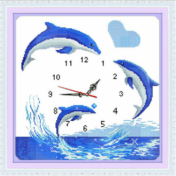 最新款精准印花十字绣海豚恋人钟表系列浪漫温馨卧室客厅儿童挂画