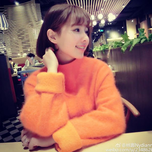 2016韩国代购半高领网红同款保暖宽松纯色加厚套头貂绒中长款毛衣