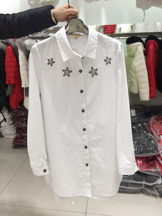 麻棉Home2016春秋韩国代购款显瘦中长款全棉白色女式衬衫打底衬衣
