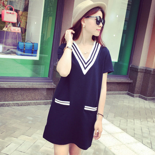 深V领黑白条纹连衣裙 2016韩版夏季装新款海军风短袖拼接宽松裙女