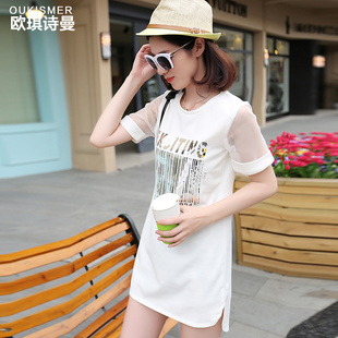2016夏季新款韩版时尚中长款网纱二维码图案短袖修身显瘦T恤女