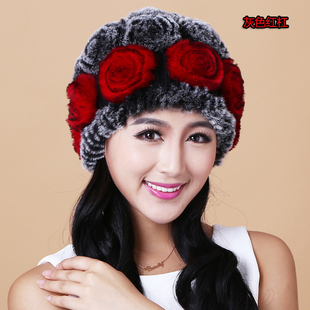 【天天特价】冬季韩版女保暖皮草帽子手工编织獭兔毛帽子玫瑰花朵