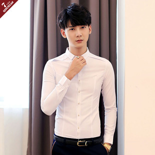 丝光棉小领衬衫男长袖修身型纯色秋季韩版休闲青年男士商务衬衣白