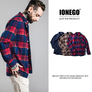 ionego2016年秋装新品潮牌搭配格纹男士衬衣休闲百搭衬衫青年个性