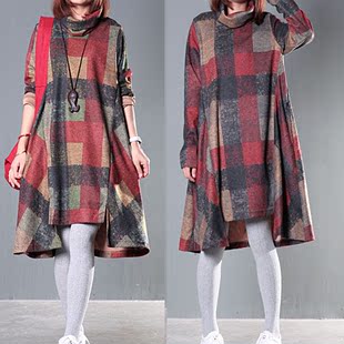 2015秋冬新款韩版大码女装宽松显瘦堆堆领不规则打底长袖连衣裙