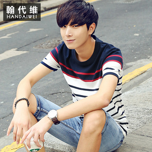 夏季男士短袖T恤 韩版修身圆领半袖条纹体恤大码上衣潮流男装衣服