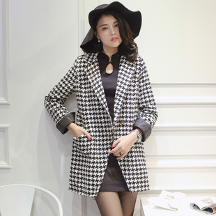 2015冬装新款千鸟格毛呢外套女韩版中长款大码修身显瘦上衣