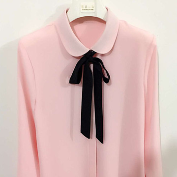 日系彼得潘小圆领高端锻面细麻粉红色衬衫女元宝领白色打底衬衣女