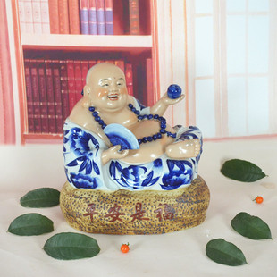 景德镇陶瓷器 手工雕塑青花平安是福笑佛 现代家居装饰工艺品摆件
