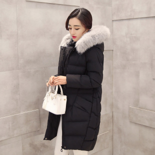 2015冬装新款韩版女装中长款通勤长袖连帽加厚棉衣狐狸毛领不脱卸