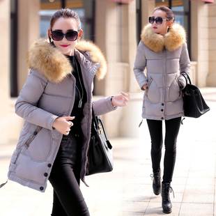冬装新品2015韩版时尚羽绒棉服女士中长款修身棉衣大毛领连帽外套