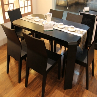 简约时尚餐桌 黑色实木贴皮现代饭桌子餐台 小户型餐桌椅组合6人