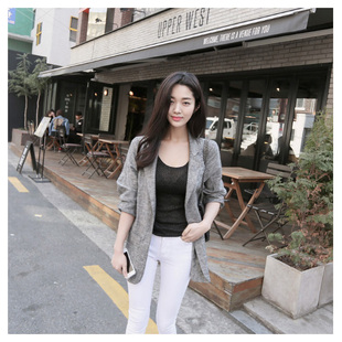 2016秋韩国代购韩版棉麻小西装女修身显瘦灰色西服外套高端一粒扣