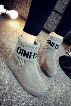 冬季韩版磨砂面字母毛线口加绒短靴平底休闲保暖女靴骑士棉靴