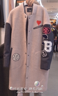 韩国东大门正品代购 休闲双色拼接字母LOGO棒球厚毛呢大衣外套特