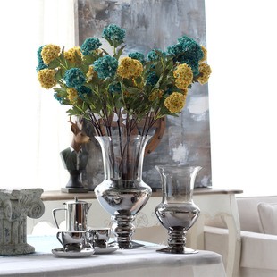 美式渐变镀银高脚透明花瓶玻璃装饰花器新古典风格桌面花艺花插