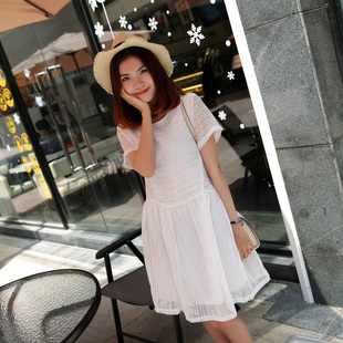 2015春夏装新款女装韩版气质修身显瘦a字裙短袖欧根纱连衣裙