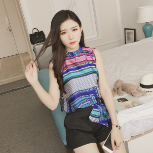 2016夏季新款韩版印花无袖雪纺套头上衣休闲时尚套装女短裤两件套
