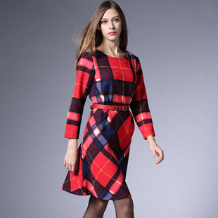 欧莎妮娅工厂直销 2015秋冬新款欧美高端时尚格纹拼接连衣裙