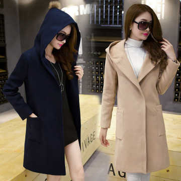 2015冬韩版修身显瘦长袖中长款连帽暗扣大码羊绒毛呢大衣外套女