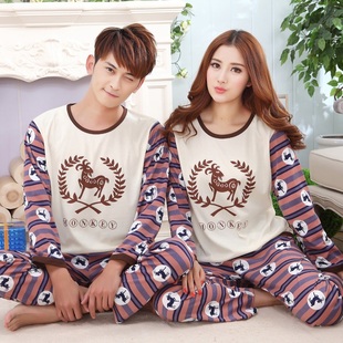 2015新品韩国情侣睡衣男女长袖春夏季梭织全纯棉时尚家居服套装