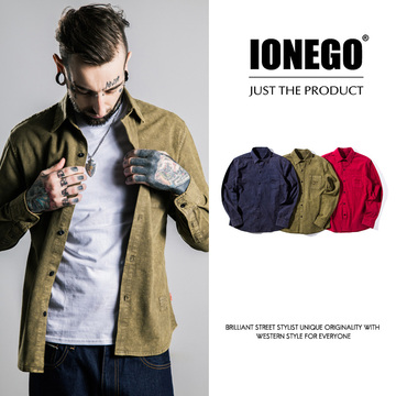 ionego2016年潮牌新品蜡染做旧刺绣衬衣青年字母设计男式长袖衬衫