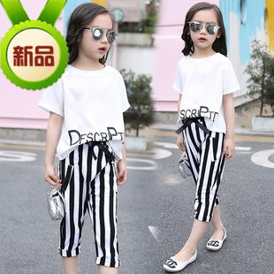 童装短袖+裤子夏季白色女童韩版2016新款中大童时尚条纹裤两件套