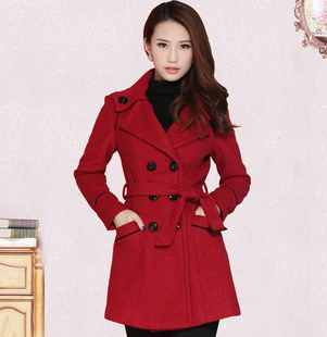 2016新款韩版冬季女装经典双排扣大衣中长款加厚修身羊毛呢外套