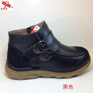 台湾红蜻蜓RD冬款男童鞋侧拉链大棉短靴真皮加绒保暖棉鞋85907