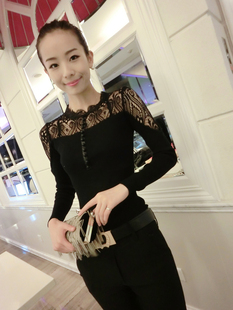 秋装女长袖2016新款韩版显瘦弹力上衣拼接蕾丝百搭毛织打底衫