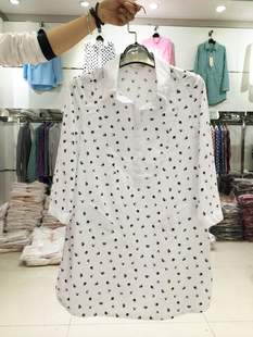 麻棉Home2015韩国代购同款通勤修身中长款波点女式衬衫打底衬衣女