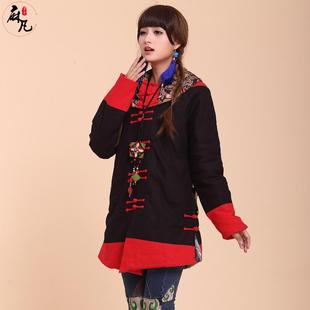 2015冬季大码民族风女装冬装棉衣棉服中式棉麻印花中长款棉袄外套
