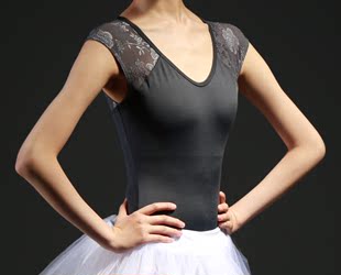 蕾丝V领后搭扣短袖 成人女芭蕾练功服连体舞蹈服练功衣形体体操服