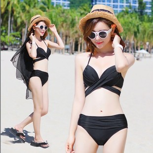 韩国泳衣女三件套bikini性感大胸小胸聚拢钢托比基尼裙式分体泳装