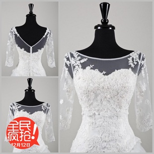 2015新款韩版圆领中袖蕾丝贴花珍珠露背新娘马甲时尚婚纱礼服披肩