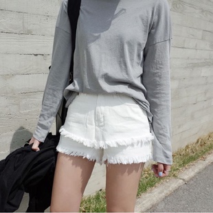 2016夏季韩版新款白色高腰牛仔短裤女学生假两层显瘦流苏毛边热裤