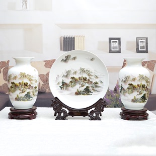 景德镇陶瓷器粉彩陶瓷花瓶子家居工艺品客厅装饰品摆件三件套花器