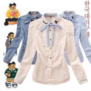 韩国高档品牌代购小熊学院风秋装新款少女装刺绣翻领褶皱长袖衬衫