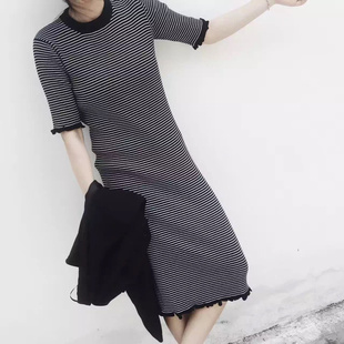 2016秋季女韩版修身显瘦短袖中长款条纹打底衫针织直筒包臀连衣裙