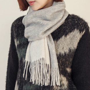 韩国进口围巾正品代购冬天帅气中性浅灰色拼色纯羊毛保暖厚长围巾