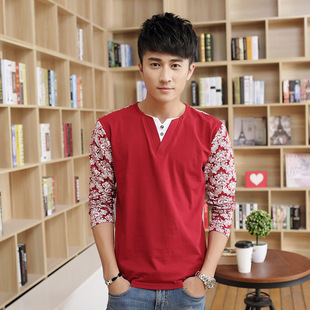 2015秋季新款男士式长袖T恤纯棉V领数码印花青少年潮流韩版运动衫