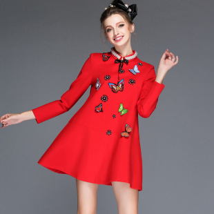 2015年秋季长袖宽松大码欧美红色短裙A字裙A型大摆蝴蝶钉珠连衣裙