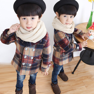 童装 2016冬季新款韩版男童中小童时尚翻领双排扣大格子风衣 童装