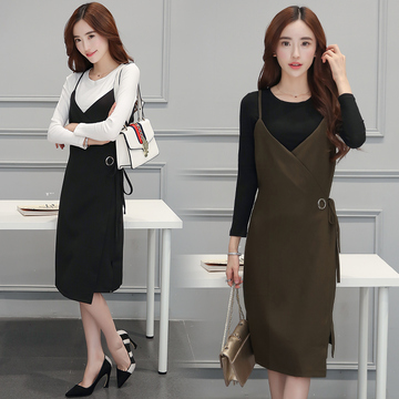 2016秋季新款韩版女装高腰显瘦中长款吊带连衣裙两件套显瘦打底衫