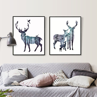 现代简约客厅沙发背景装饰画组合挂画双联抽象动物麋鹿有框办公室