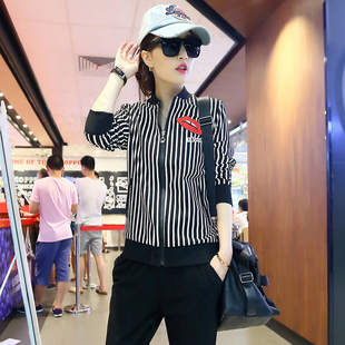 时尚休闲运动套装女秋新款韩版修身显瘦长袖印花条纹卫衣两件套装