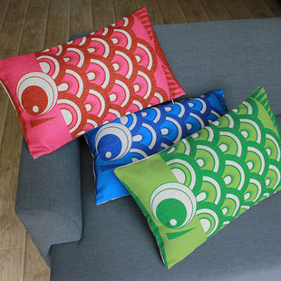 日式日本创意鲤鱼旗绿色蓝色腰枕午睡午休棉麻沙发靠垫抱枕靠枕