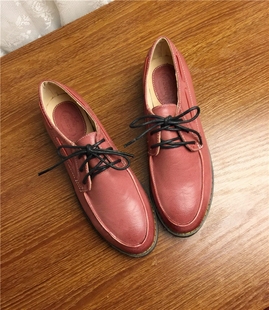 韩版红色油蜡皮真皮系带女鞋平底单鞋牛津鞋